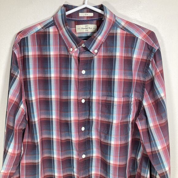 Hawker Rye Button Down Shirt Mens Large Slim Fit Oxford Long Sleeve Preppy Plaid - Picture 4 of 9